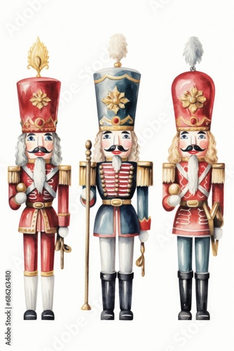 Three wooden nutcrackers in different colors and sizes. Perfect for holiday decorations or as collectible items. Can be used to add a festive touch to any Christmas-themed project or event