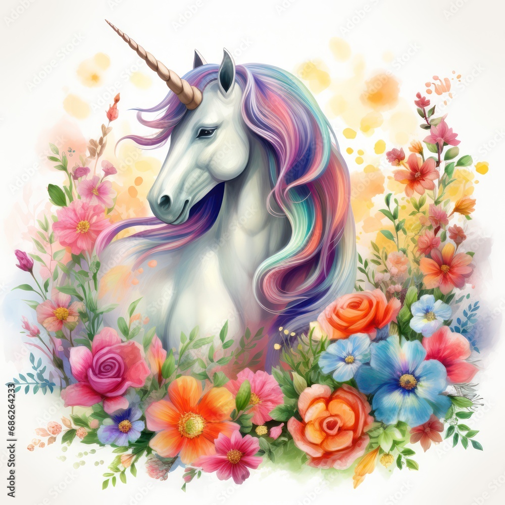 Dreamy Rainbow Unicorn Watercolor Clipart Unicorn in Colorful Flower Meadow