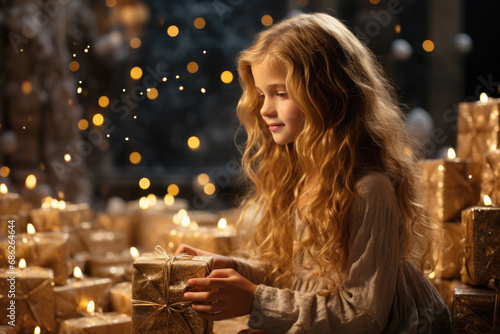 Christmas and New Year holidays background. Beautiful girl opening Christmas presents