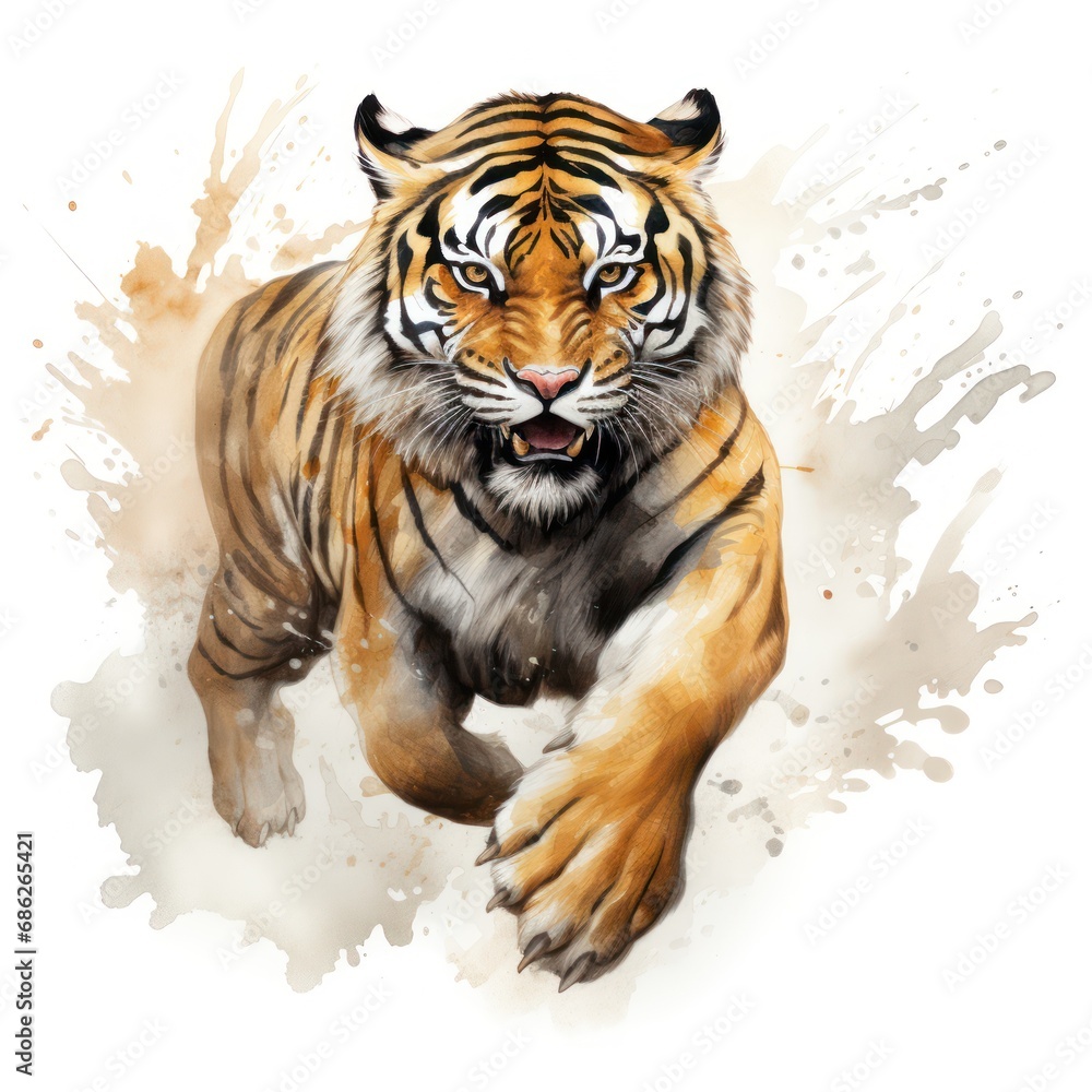 Dynamic Golden and Black Watercolor Tiger Clipart with Leaping Tiger
