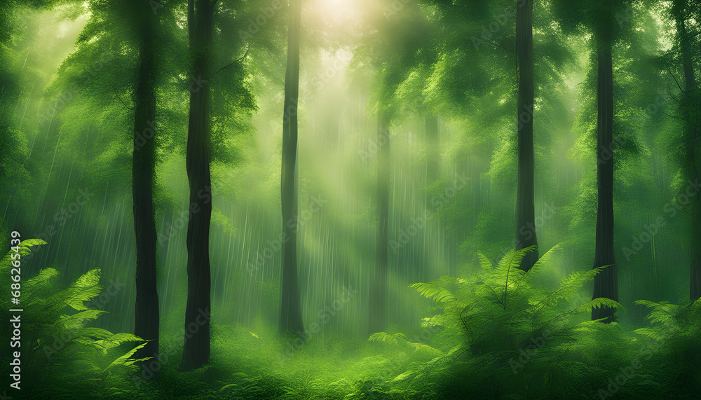 Summer rain in lush green forest, with heavy rainfall background.