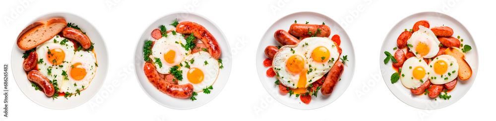 breakfast collection - fried eggs with sausages, top view breakfast collection - fried eggs with sausages, top view