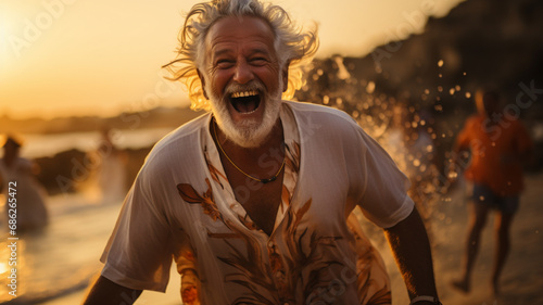 image of happy dancing mature man at the beach