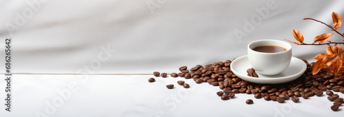 A cup of coffee with coffee beans on a white table, beautiful white tablecloth. Generative AI.