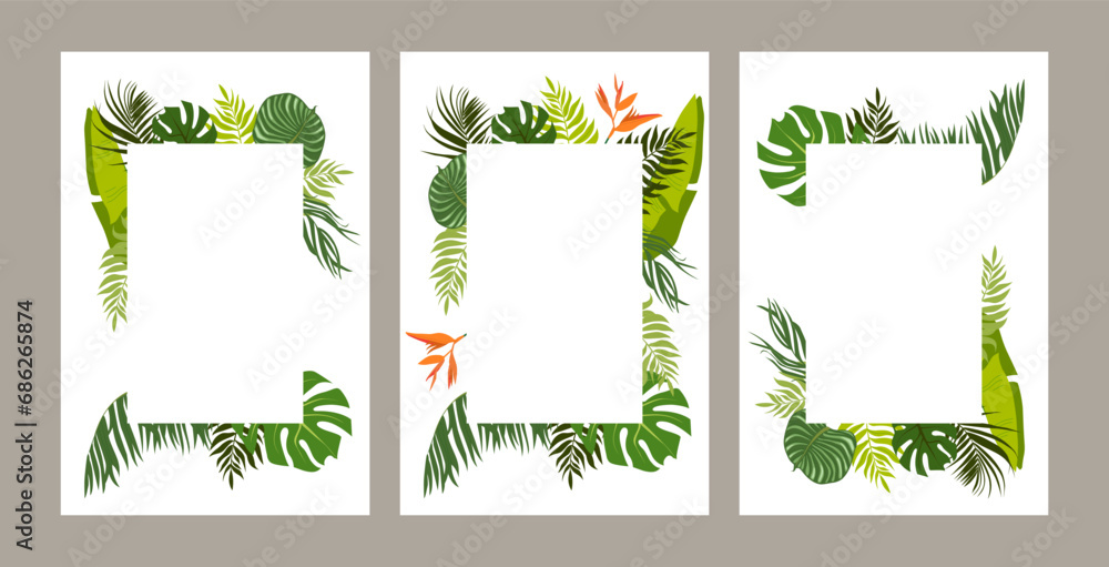 Collection of vertical summer backgrounds with frames of green tropical palm leaves or jungle exotic foliage. Seasonal colorful realistic vector illustration.