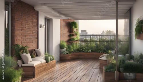 Morden residential balcony garden with bricks wall, wooden bench and plants. © iqra