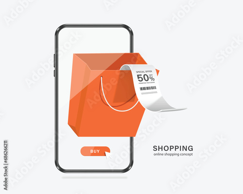 Receipt paper with 50% off promotion text is placed on orange shopping bag and has an online buy button below. all display on smartphone screen,