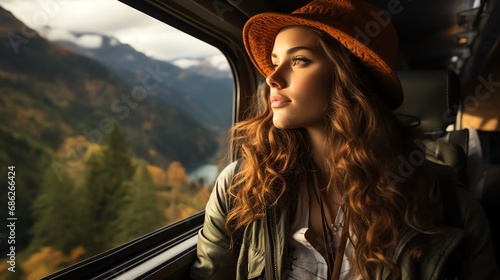 The film has a beautiful and symmetrical portrait of a female traveler. Travel blogger and adventurer who inspires adventurers to go outside the train window. See breathtaking views. Generate AI