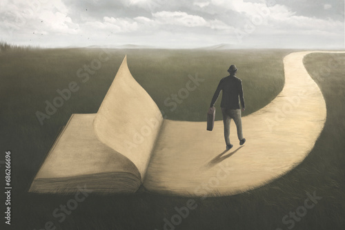 Illustration of wise man walking on the last page of a surreal book, wisdom concept photo