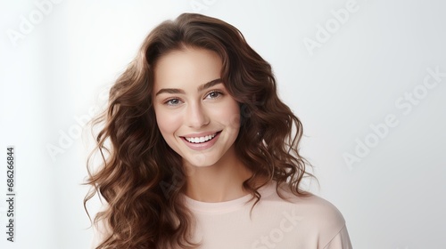 A client standing over a white wall is being encouraged to smile and wink by a cute and dreamy young woman in a close-up.