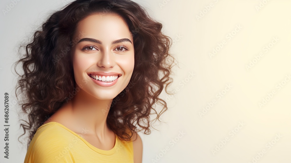 A close-up of a woman with a cute smile who appears flirty to the camera, touching her cheeks and blushing while standing on a white wall in a yellow shirt. - obrazy, fototapety, plakaty 