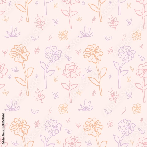 Floral one line art seamless pattern with pastel color. Hand drawn illustration pastel lines texture for shirts  plaid  tablecloths  clothes  bedding  blankets  makeup wrapping paper.