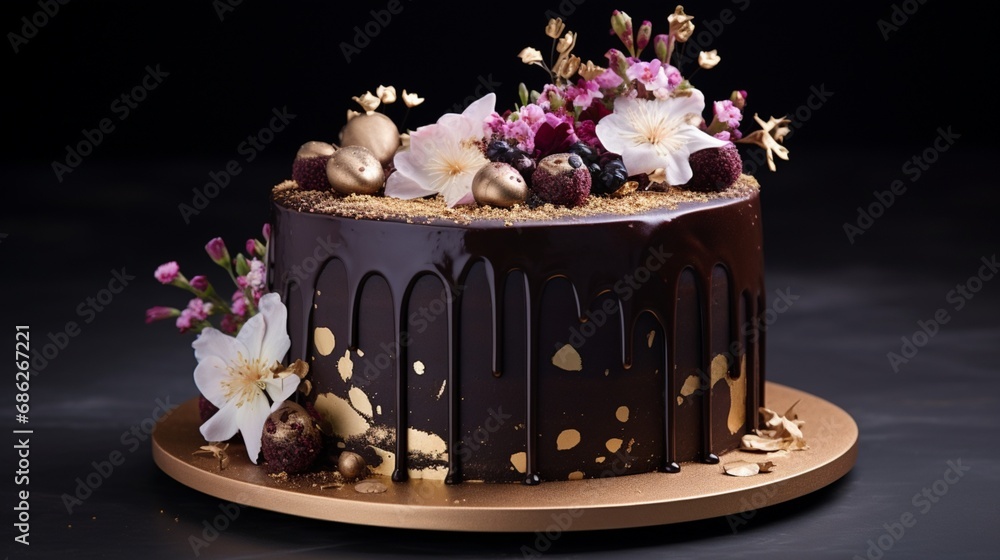 An enchanting composition of a chocolate cake masterpiece, adorned with edible flowers and a sprinkle of gold dust, evoking a sense of elegance and irresistible sweetness