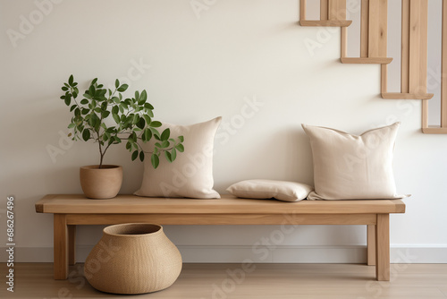 Wooden Bench with Cushions near Stairs  Cozy Nook with Copy Space. Rustic Charm and Comfortable Seating in a Tranquil Setting. Ideal Spot for Relaxation and Reflection in Your Home