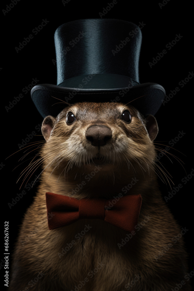 An adorable otter dressed up in a fancy top hat and bow tie. Perfect for adding a touch of whimsy and charm to any project or design