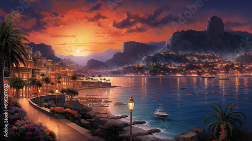 a bay with yachts against the backdrop of sunset, buildings around it in the Italian style, around palm trees, mountains can be seen in the distance