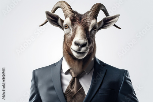 A goat dressed in a suit and tie, ready for a formal occasion. This image can be used to depict humor, uniqueness, or unexpected situations photo