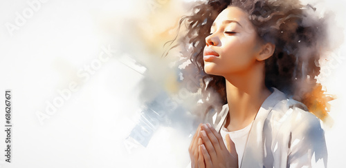 abstract illustration of a pretty young African american black teen girl praying with her hands clasped - profile side view - white background - watercolor strokes - copy space - banner photo