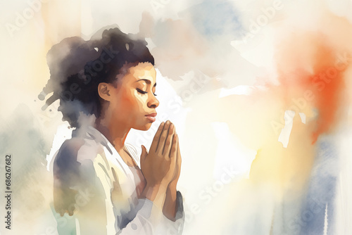 abstract illustration of a pretty young African american black woman praying with her hands clasped - white background - watercolor strokes - copy space