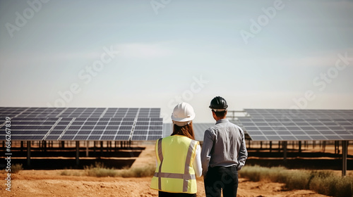 Investor and contractor visiting a solar energy farm construction site. Сonstruction and installation of solar stations. photo