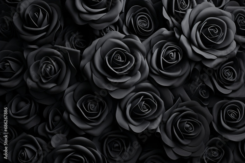 Black roses pattern in various stages of bloom, packed to present a soft velvety visual in contrasting shades of grey.