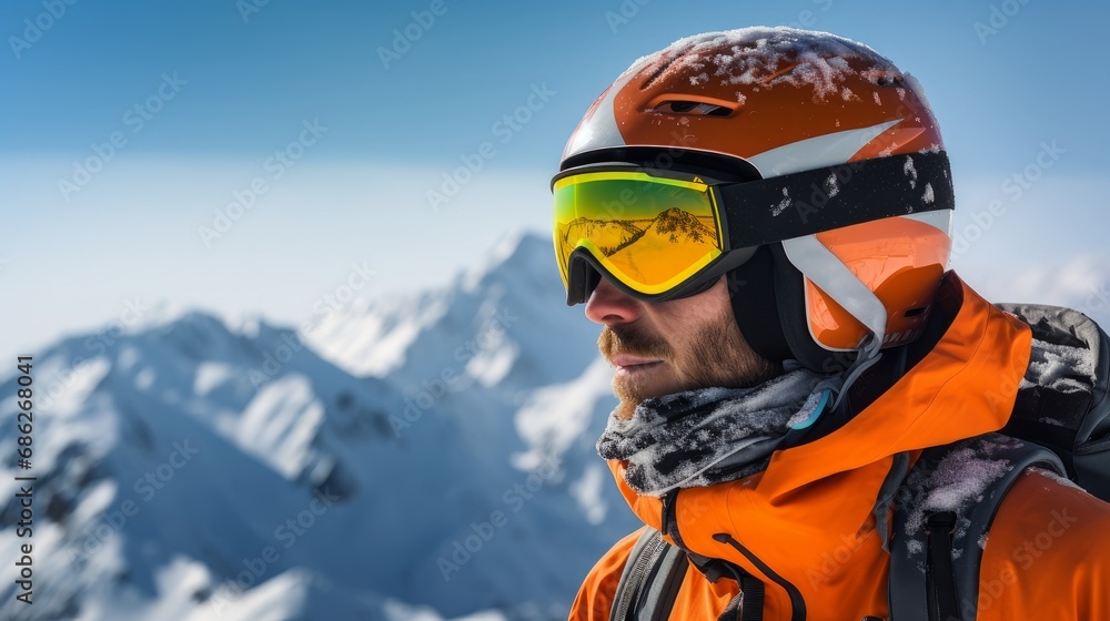 Portrait of a happy, smiling male snowboarder against the backdrop of snow-capped mountains at a ski resort, during vacation and winter holidays. Portrait of a happy, smiling male snowboarder against the backdrop of snow-capped mountains at a ski resort, during vacation and winter holidays.