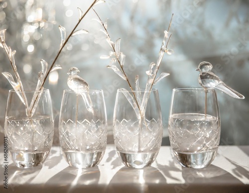 Poésie de verres en Crystal avec des oiseaux de verre et des branche en verre