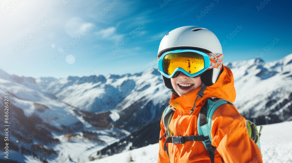 Obraz na płótnie Portrait of a happy, smiling child snowboarder against the backdrop of snow-capped mountains at a ski resort, during the winter holidays. w salonie