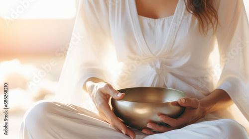 Woman holding mindfulness singing bowl