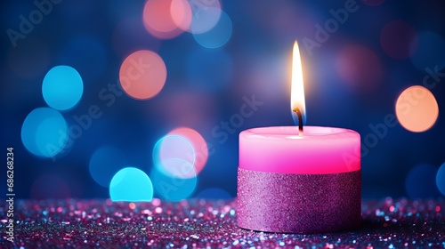 A candle in the middle is placed on a background of pink and blue glittery