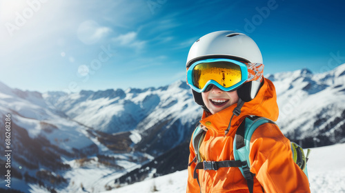 Portrait of a happy, smiling child snowboarder against the backdrop of snow-capped mountains at a ski resort, during the winter holidays. photo