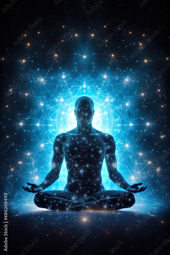 yoga lotus pose with blue neural connection lines and glowing dots. Binary Mindfulness background. yoga lotus pose with blue neural connection lines and glowing dots. Binary Mindfulness background.