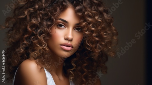 Beautiful brunette woman model with curly hair photo