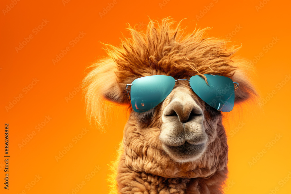 A close-up shot of a llama wearing stylish sunglasses. This image can be used to add a fun and quirky touch to various projects.