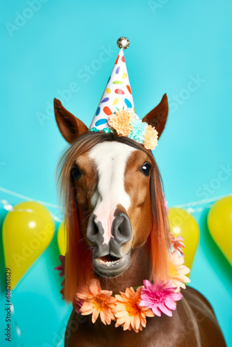 A horse wearing a party hat adorned with colorful flowers. This fun and festive image is perfect for celebrations and special occasions.