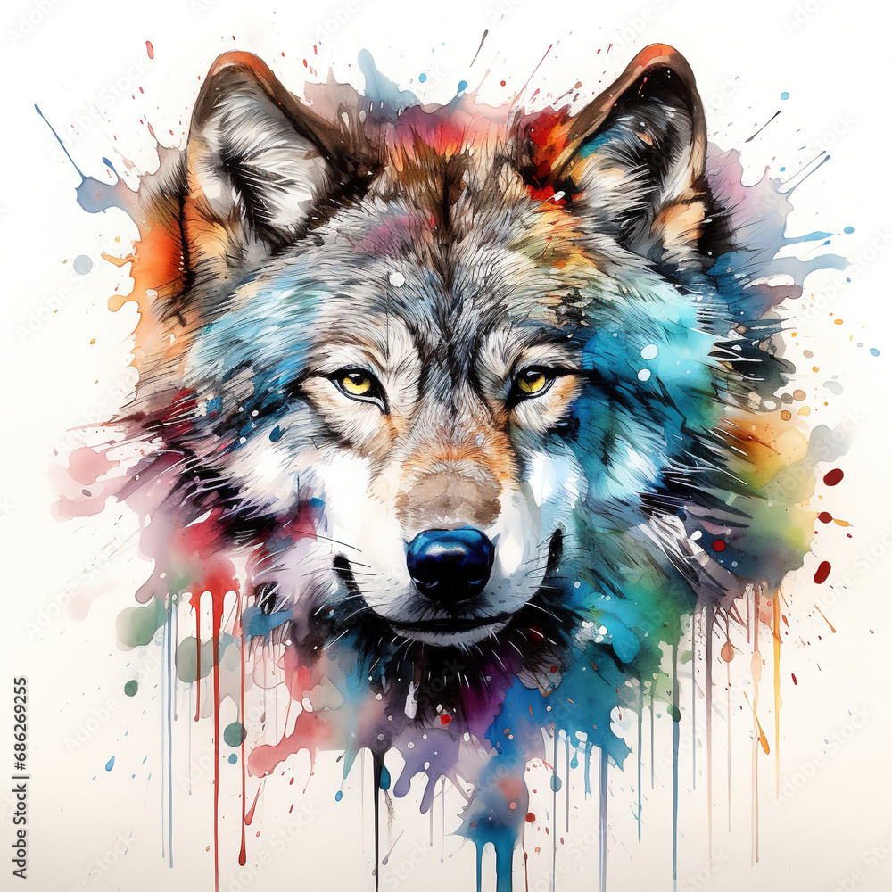 A Vibrant Symphony of Colors: A Majestic Wolf Immersed in Colorful Paint Splatters Created With Generative AI Technology A Vibrant Symphony of Colors: A Majestic Wolf Immersed in Colorful Paint Splatters Created With Generative AI Technology