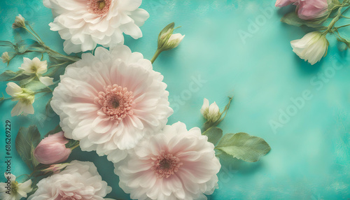 Lovely flowers on turquoise shabby chic background. Festive greeting card photo
