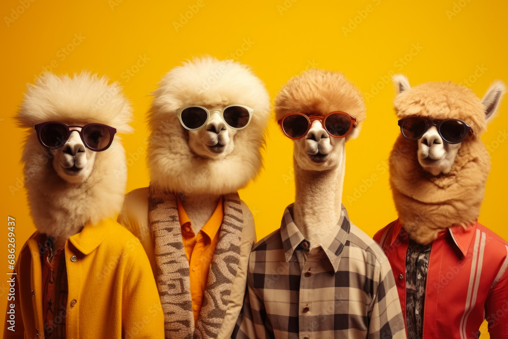 A group of llamas wearing sunglasses posing on a vibrant yellow background. Perfect for adding a touch of fun and humor to your designs.