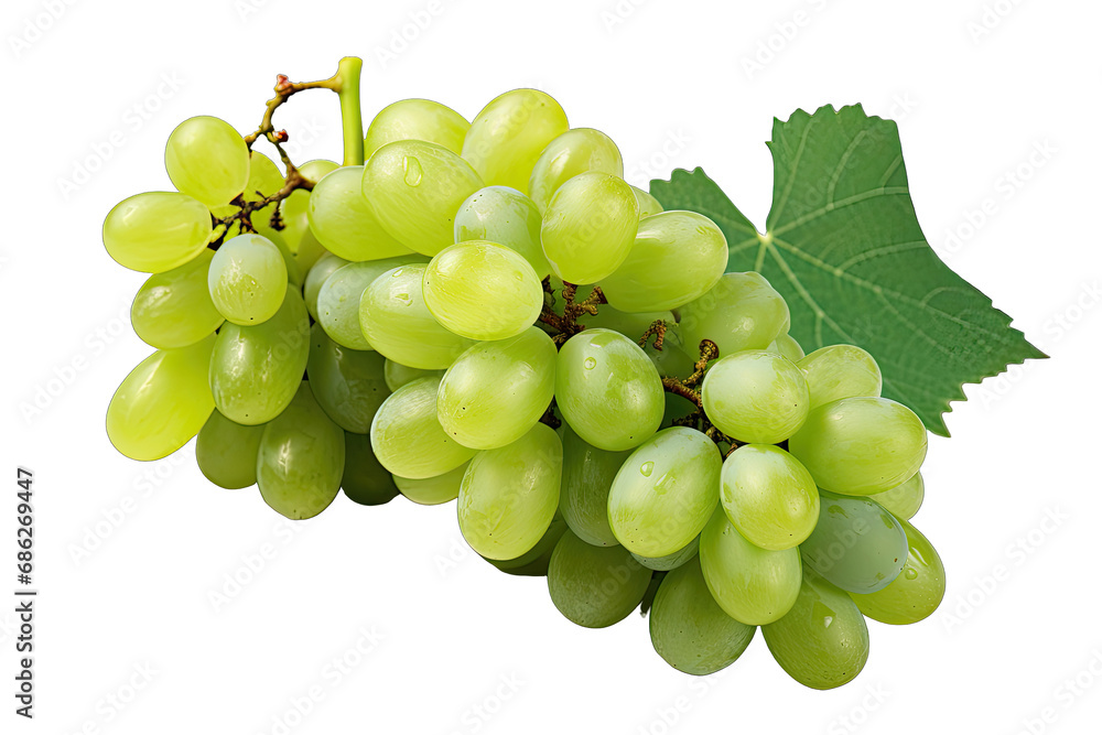 Real green grape with leaves On Transparent Background Real green grape with leaves On Transparent Background