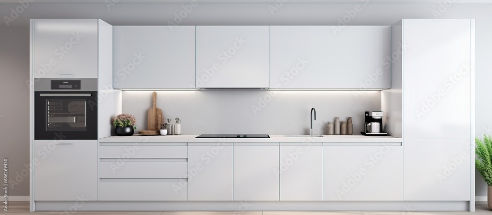 Modern kitchen with white cabinets built in cooker and microwave oven Modern kitchen with white cabinets built in cooker and microwave oven