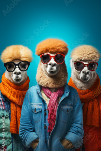Three llamas dressed in winter clothes and sunglasses. Perfect for winter-themed designs or adding a touch of whimsy to your projects. © Fotograf