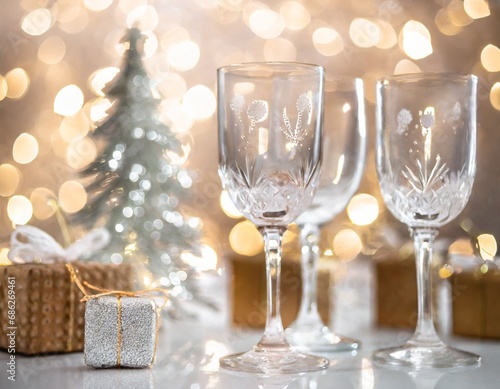 3 verres en Crystal à côté de petits cadeaux et en arrière plan un beau sapin de Noël argenté