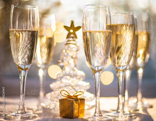 flûtes de boisson festive avec petit cadeau doré et sapin de noël en verre.