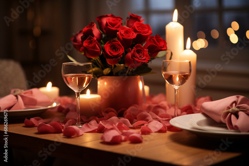 Romantic dinner table setting featuring white plates, pink napkins, wine glasses, lit candles, and red roses in a copper vase.