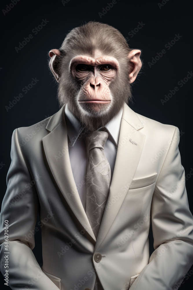 Obraz premium A monkey wearing a formal suit and tie, suitable for business or corporate themes.