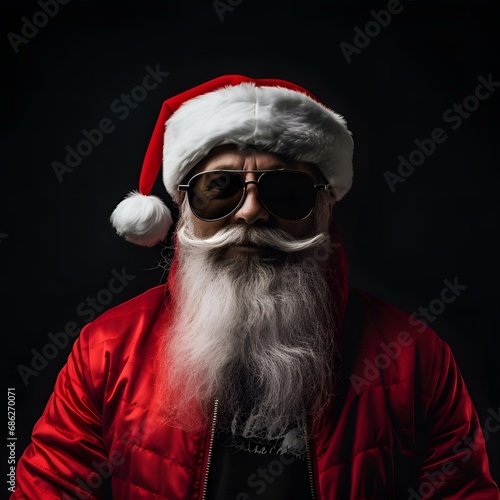 Modern Santa Claus in a red suit and glasses wishes Happy New Year and Christmas: fictional character, stylish, fashion, screensaver, background, unique (Ai generation)