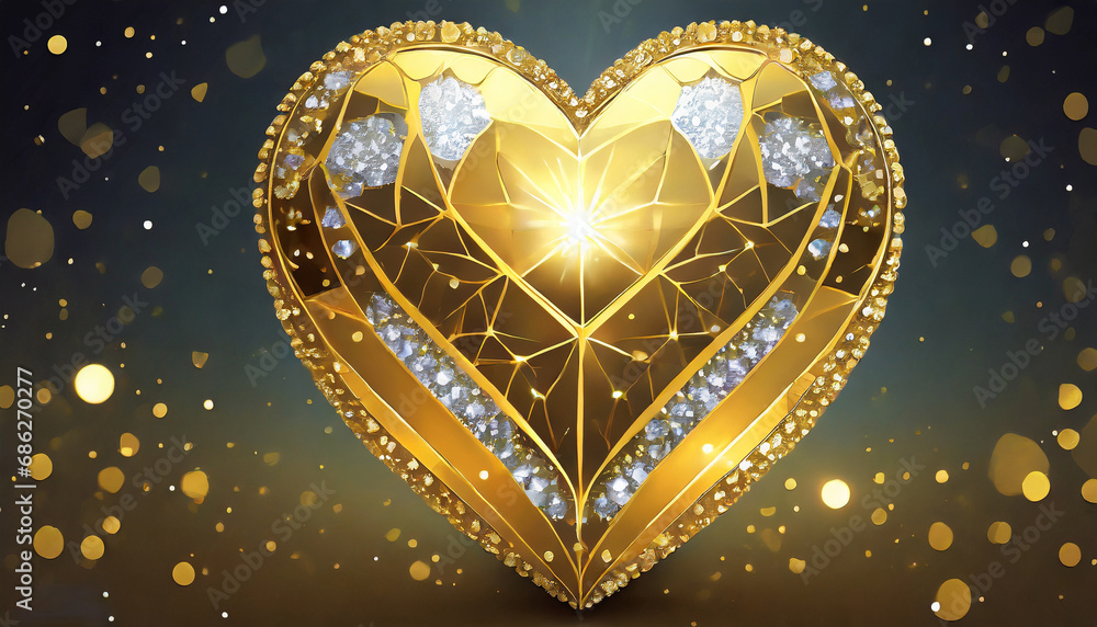 Golden heart with shiny diamonds