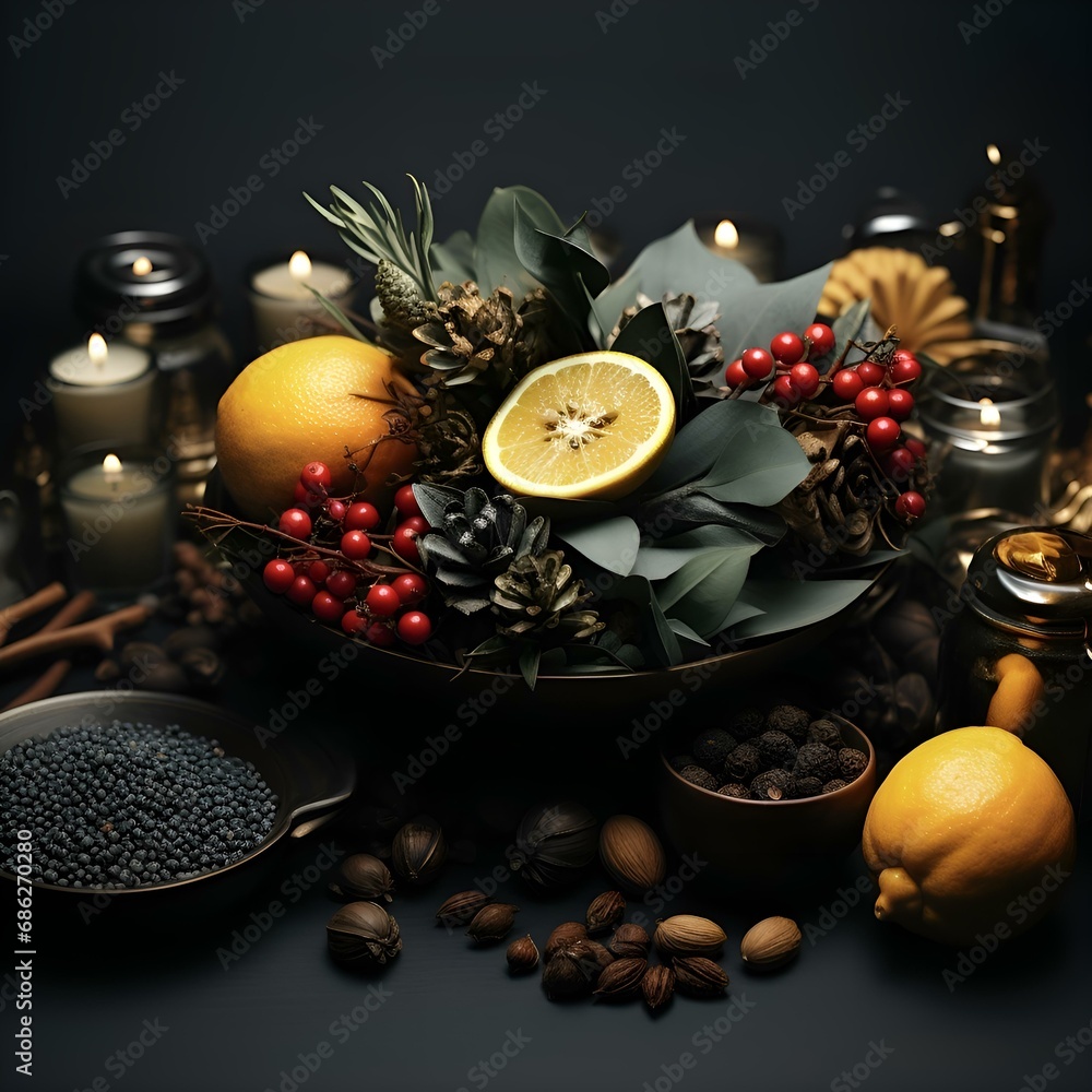 Fototapeta premium New Year and Christmas dark background with Christmas tree toys and Christmas decorations, as well as other decorative elements and Indian spices, herbs, dried lemon slices (Ai)