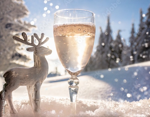 verre de boisson pétillante posé dans la neige avec un cerf en statue posé à côté. Esprit de fête de Noël et de nouvel an