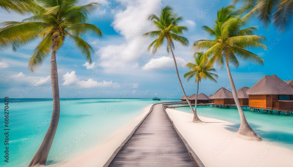 Beautiful tropical Maldives island with beach , sea , and coconut palm tree